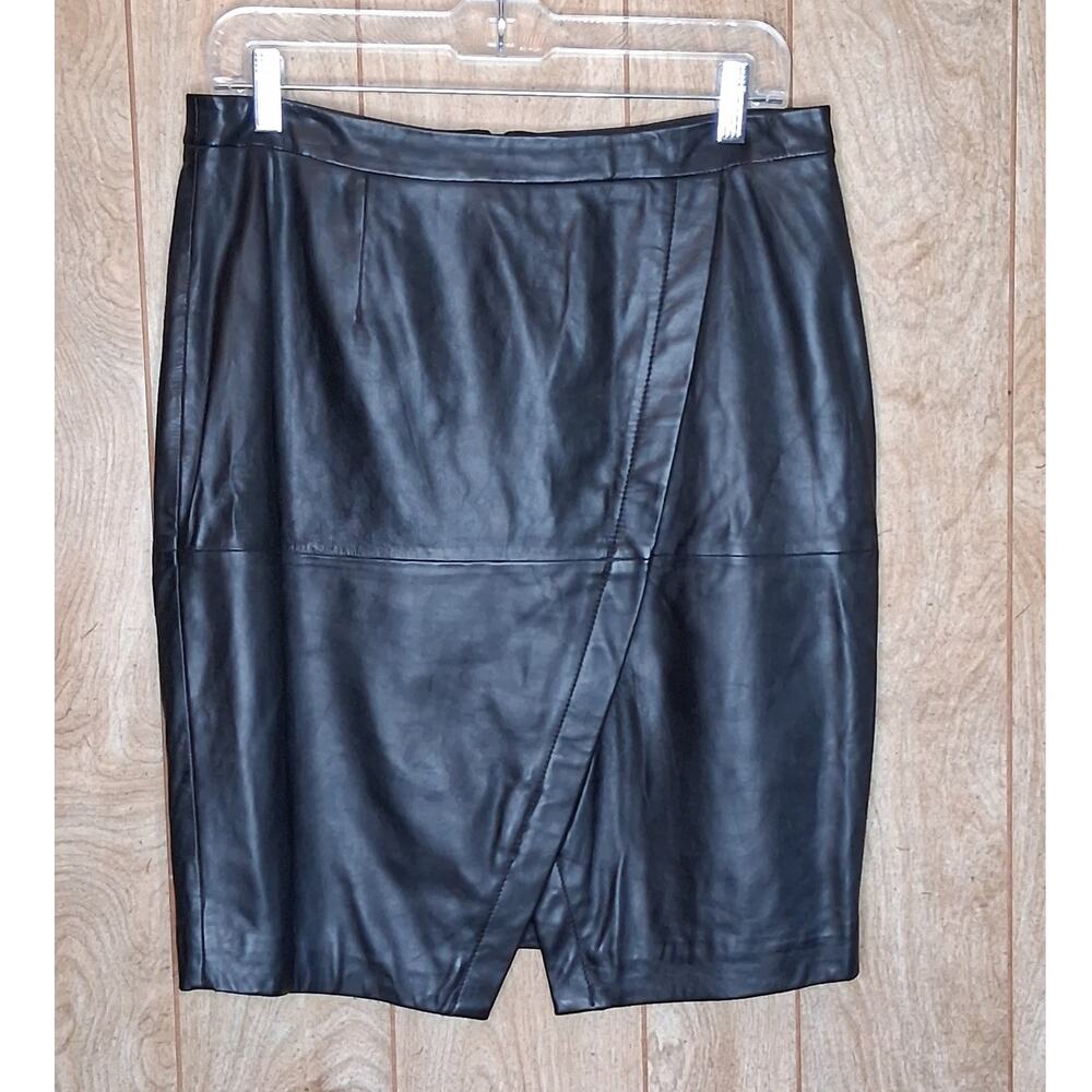 Ladies Halogen Seamed Leather Pencil Skirt Black Knee Length Size 8 Lines